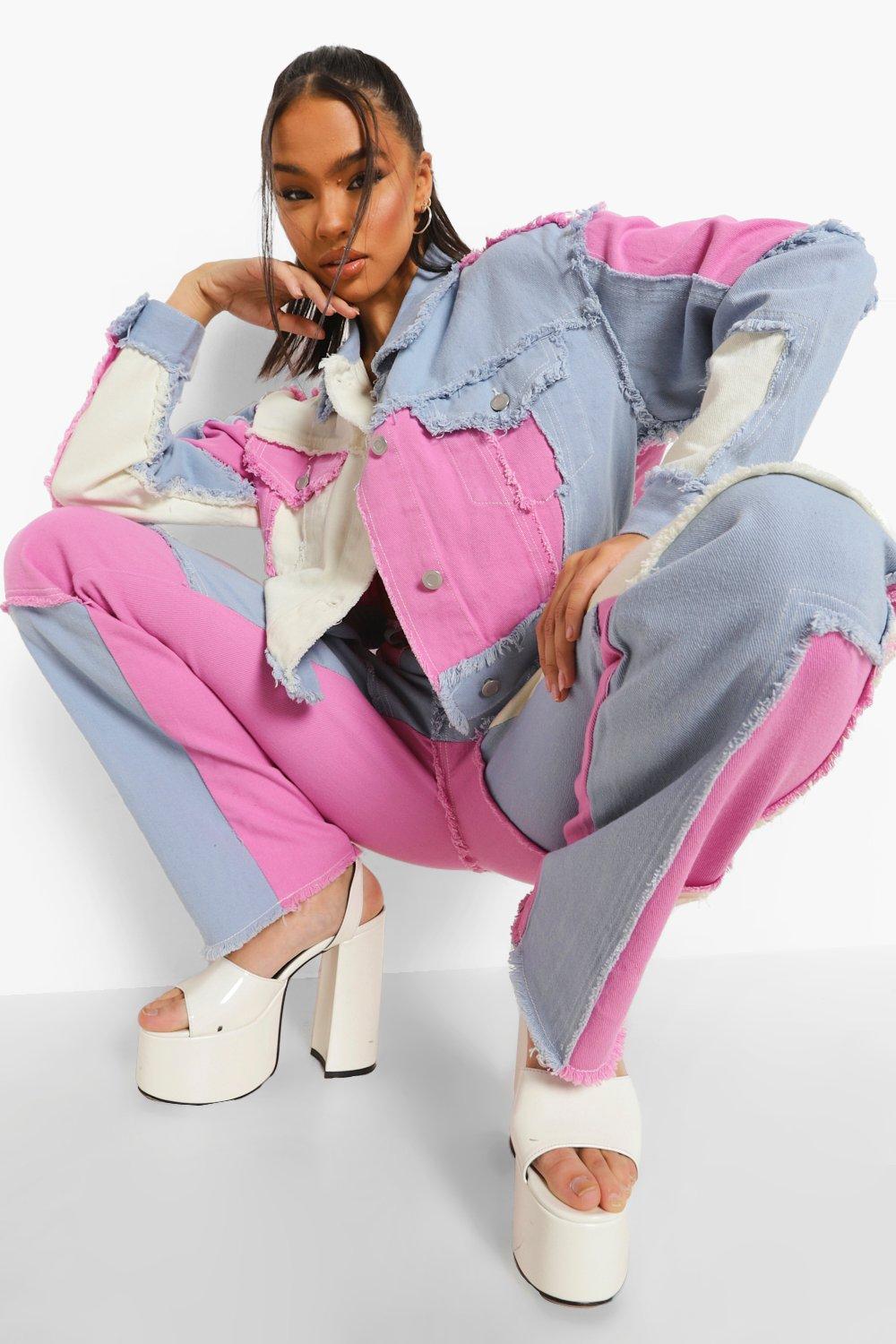 Colour Block Patchwork Cropped Denim Jacket boohoo